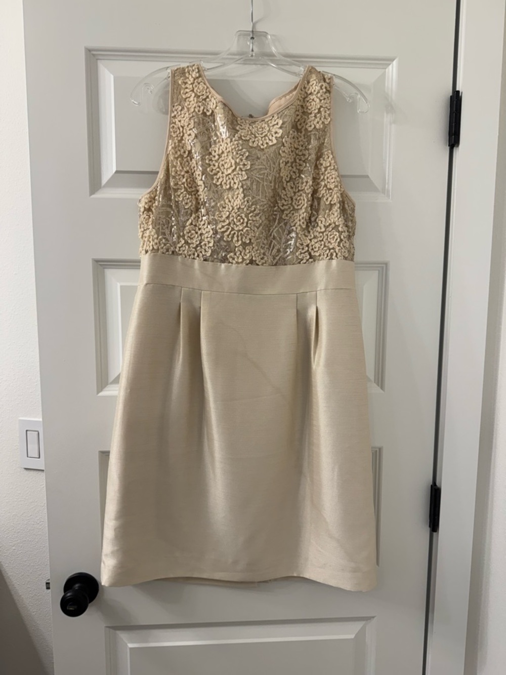 Tahari Sleeveless Lace Bodice Midi Dress in Light Beige